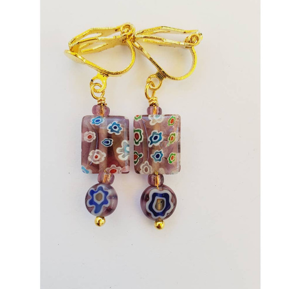 Clip on Earrings Purple and Blue Millefiori 1 Inch with gold tone clips Handmade - Picture 1 of 2